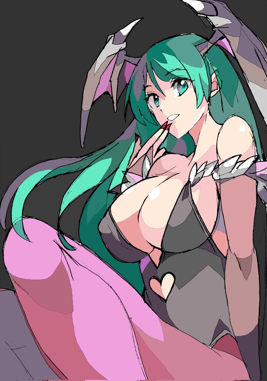 clothing darkstalkers enpe green_hair hand_on_hip hands_on_hips horn horns leggings long_hair medium_breasts morrigan_aensland pink_leggings red_fingernails shoulders smile smiling succubus