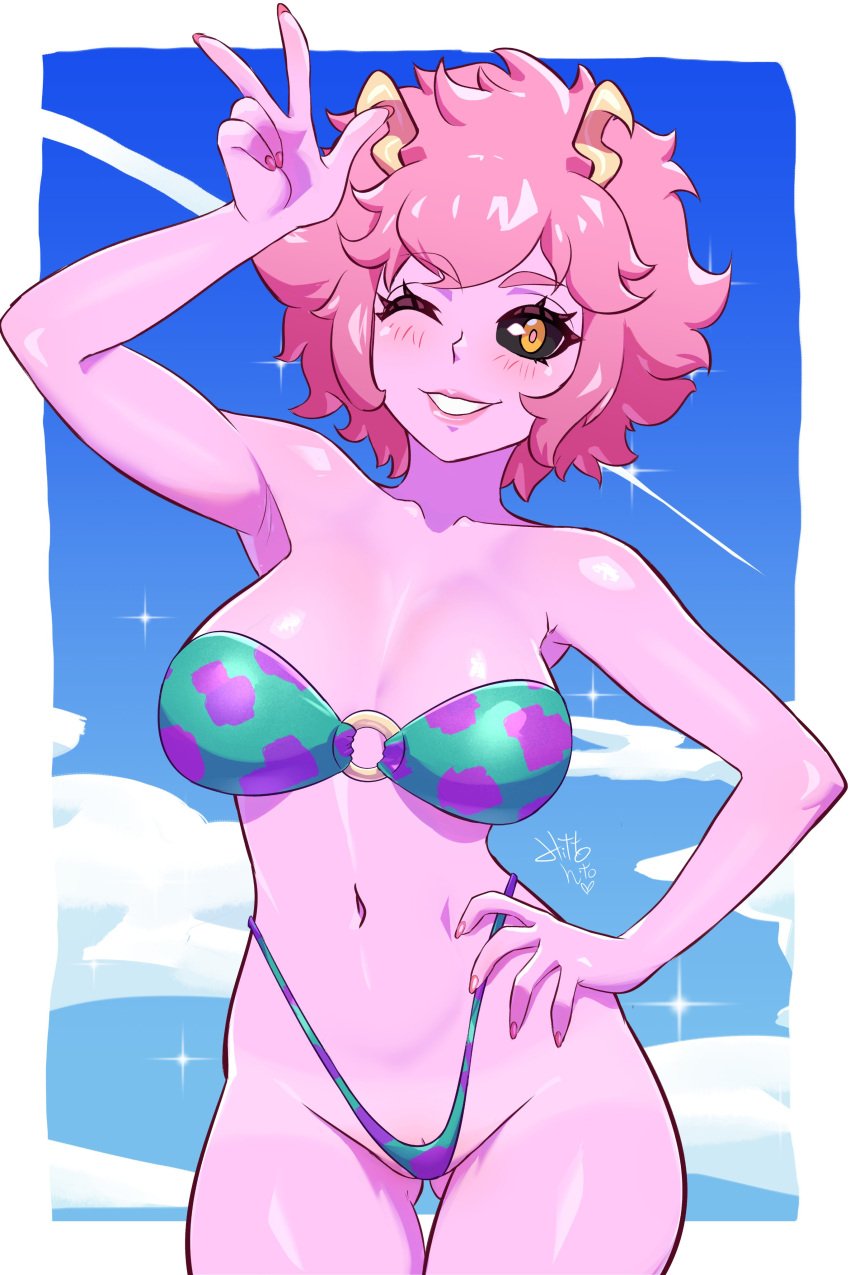 1girls big_breasts bikini bikini_bottom bikini_top black_sclera blush bottomwear breasts female female_only hair hand_on_hip hips hito_clover horns lips mina_ashido my_hero_academia nails one_eye_closed peace_sign pink_body pink_hair pink_skin side-tie_bikini smile solo solo_female swimwear topwear yellow_eyes