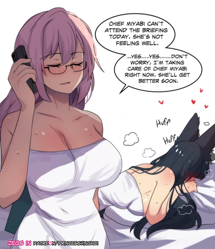 2girls animal_ears ass bed before_sex big_ass big_breasts big_thighs black_hair blush breasts butt closed_eyes dialogue female female_focus female_only glasses heart hinghoi hoshimi_miyabi huge_ass huge_breasts huge_thighs imminent_sex lesbian_sex phone pink_hair pleasure_face sweat sweatdrop sweating tagme text thick_hips thick_thighs thighs towel towel_only tsukishiro_yanagi yuri zenless_zone_zero