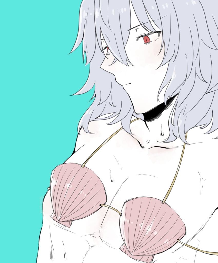 1boy beefy bikini_top blush color flustered gray_hair long_hair male_focus male_only melty_blood messy_hair muscular pecs red_eyes shell shell_bikini simple_background tsukihime tsukihime_(remake) vampire vlov_arkhangel white_hair yukinari_kakuri