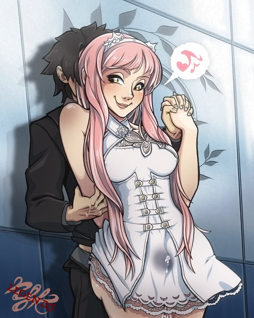 ass_out clothed_sex cum_down_leg cum_in_clothes dress fate/grand_order fujimaru_ritsuka_(male) green_eyes hairband holding_hands indoors lace legendsnjk long_hair looking_at_partner medb_(fate) nipples_bulge pink_hair smiling thigh_sex white_dress