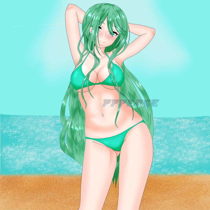 2d 2d_(artwork) 777edge beach belly belly_button big_breasts bikini breasts date_a_live green_eyes grey_hair kyouno_natsumi light-skinned_female long_hair looking_at_viewer solo solo_female thighs