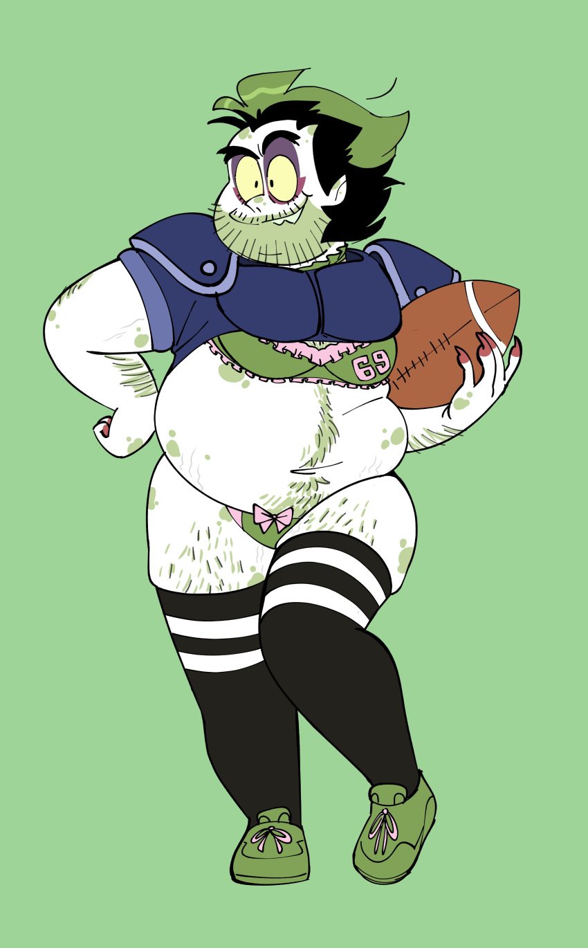 beetlebitties3 beetlejuice beetlejuice_(character) bra crossdressing fat_man football football_uniform green_hair green_skin lingerie male male_only manly_crossdresser non-human panties sharp_teeth