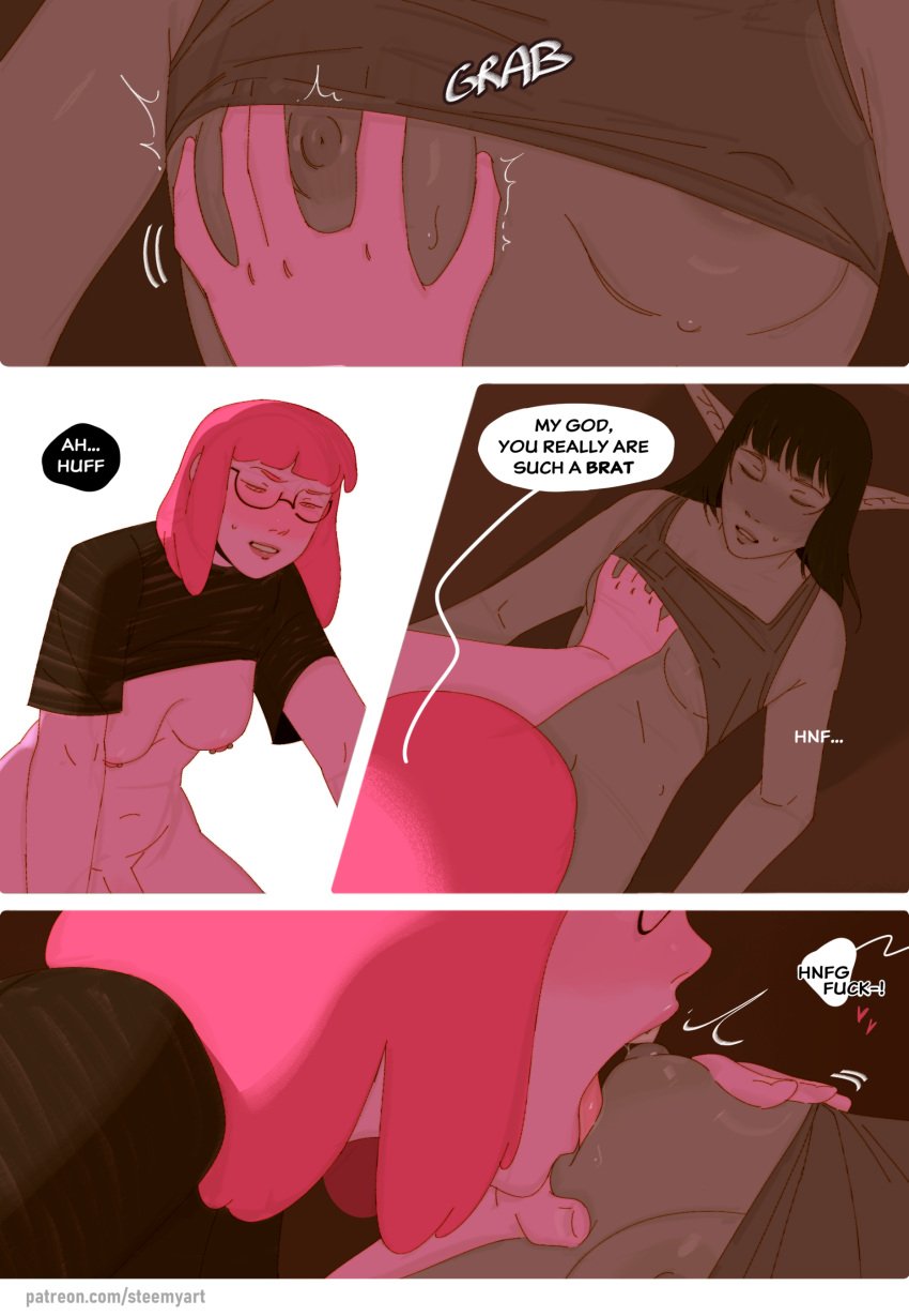 adventure_time breasts comic female girl_on_girl grabbing_breasts marceline nipples princess_bubblegum steemyart sucking_nipples yuri