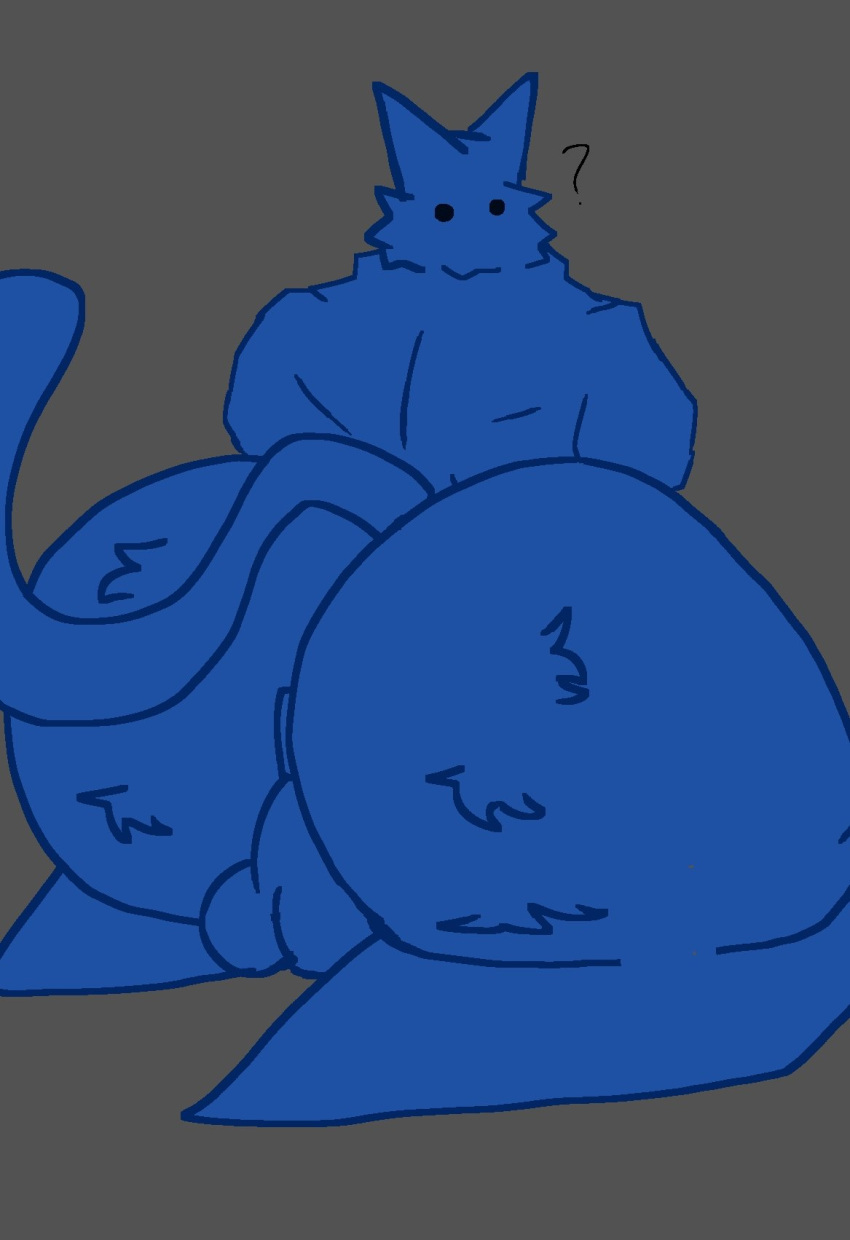 anthro anus ass balls big_butt blue_body blue_fur bubble_butt cu3rvo domestic_cat felid feline felis fur genitals grey_background hi_res huge_butt hyper hyper_butt male mammal question_mark simple_background solo