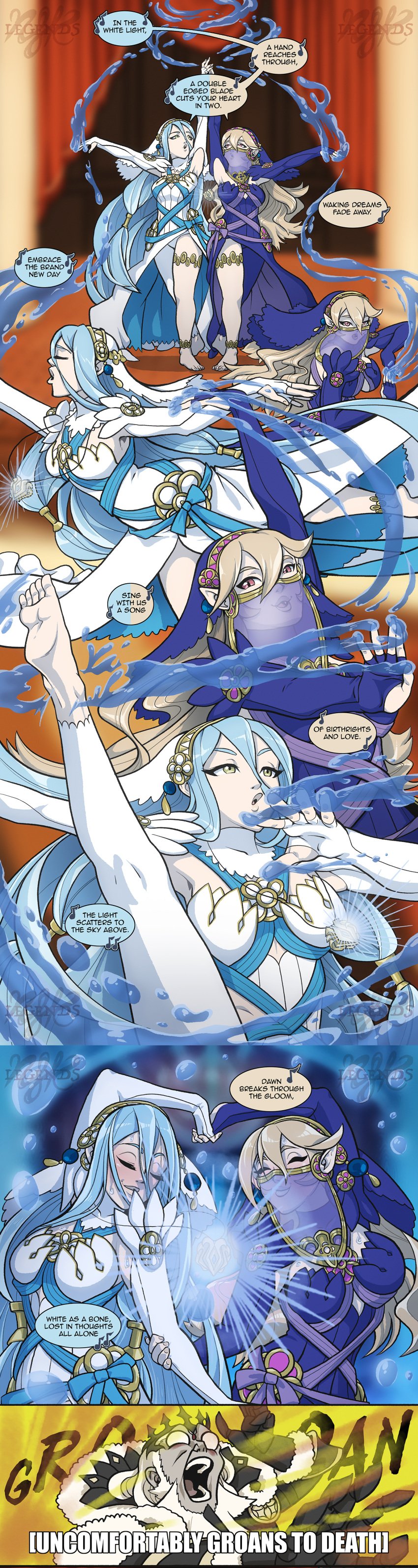 2girls azura_(fire_emblem) barefoot blue_hair brown_hair corrin_(fire_emblem)_(female) dancer dancer_outfit dancing dress female_only fire_emblem_fates garon_(fire_emblem) green_eyes headdress holding_hands jewelry legendsnjk leggings long_hair pendent red_eyes standing_split text_bubble veil water