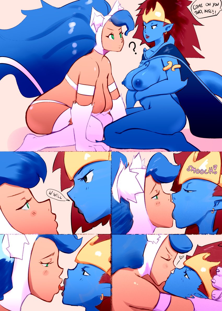 2girls big_breasts blue_hair blue_nipples blue_skin breasts capcom comic crossover darkstalkers deee demona dialogue disney duo eastern_and_western_character felicia female female_only french_kiss gargoyles head_grab kissing large_breasts long_hair multiple_girls nipples nude pointy_ears red_hair tongue tongue_out very_long_hair yuri