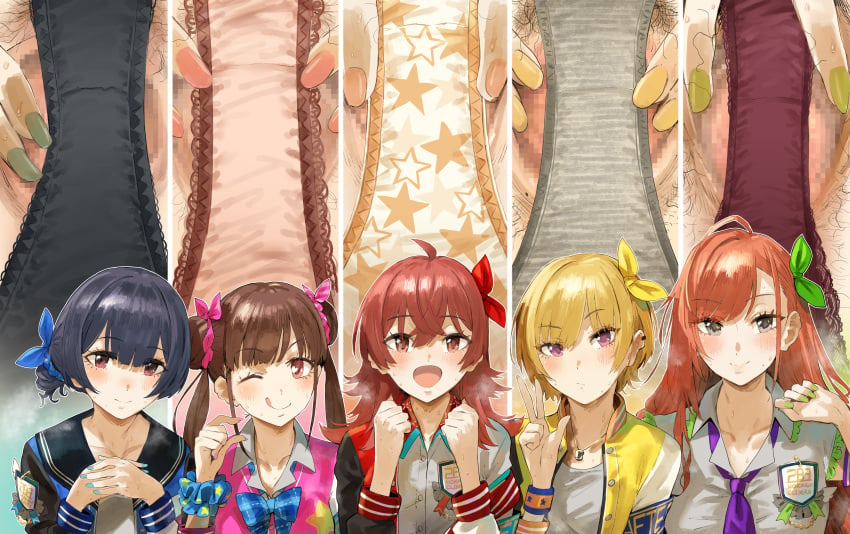 5girls ;q absurdres ahoge arisugawa_natsuha black_panties blonde_hair blue_hair blush breath brown_hair censored clenched_hands close-up crotch_focus double_bun female_pubic_hair fingernails grey_panties hair_bun hair_flaps hero_neisan highres houkago_climax_girls_(idolmaster) idolmaster idolmaster_shiny_colors komiya_kaho lace-trimmed_panties lace_trim long_hair looking_at_viewer morino_rinze mosaic_censoring multiple_girls nail_polish one_eye_closed orange_hair own_hands_together panties pink_panties print_panties pubic_hair red_hair red_panties saijo_juri scrunchie short_hair smile sonoda_chiyoko spread_pussy spread_pussy_under_clothes star_(symbol) star_print straight_hair sweat tongue tongue_out twintails underwear upper_body very_long_hair w wrist_scrunchie yellow_panties