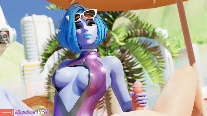 3d alternate_costume alternate_hair_color alternate_hairstyle beach blender blue_hair discko discko_widowmaker earrings handjob hentaivr hoop_earrings hoop_earrings_oversized overwatch partial_male public public_handjob purple_skin skimpy skimpy_clothes vr vr_headset widowmaker