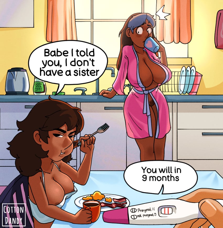 2girls big_breasts breasts cleavage clothing connie_maheswaran cottondandy eating english_text female female_only looking_at_viewer mature_female milf mommy mother mother_and_daughter nipple_bulge nipple_slip pregnancy_test priyanka_maheswaran self_upload steven_universe surprised worried