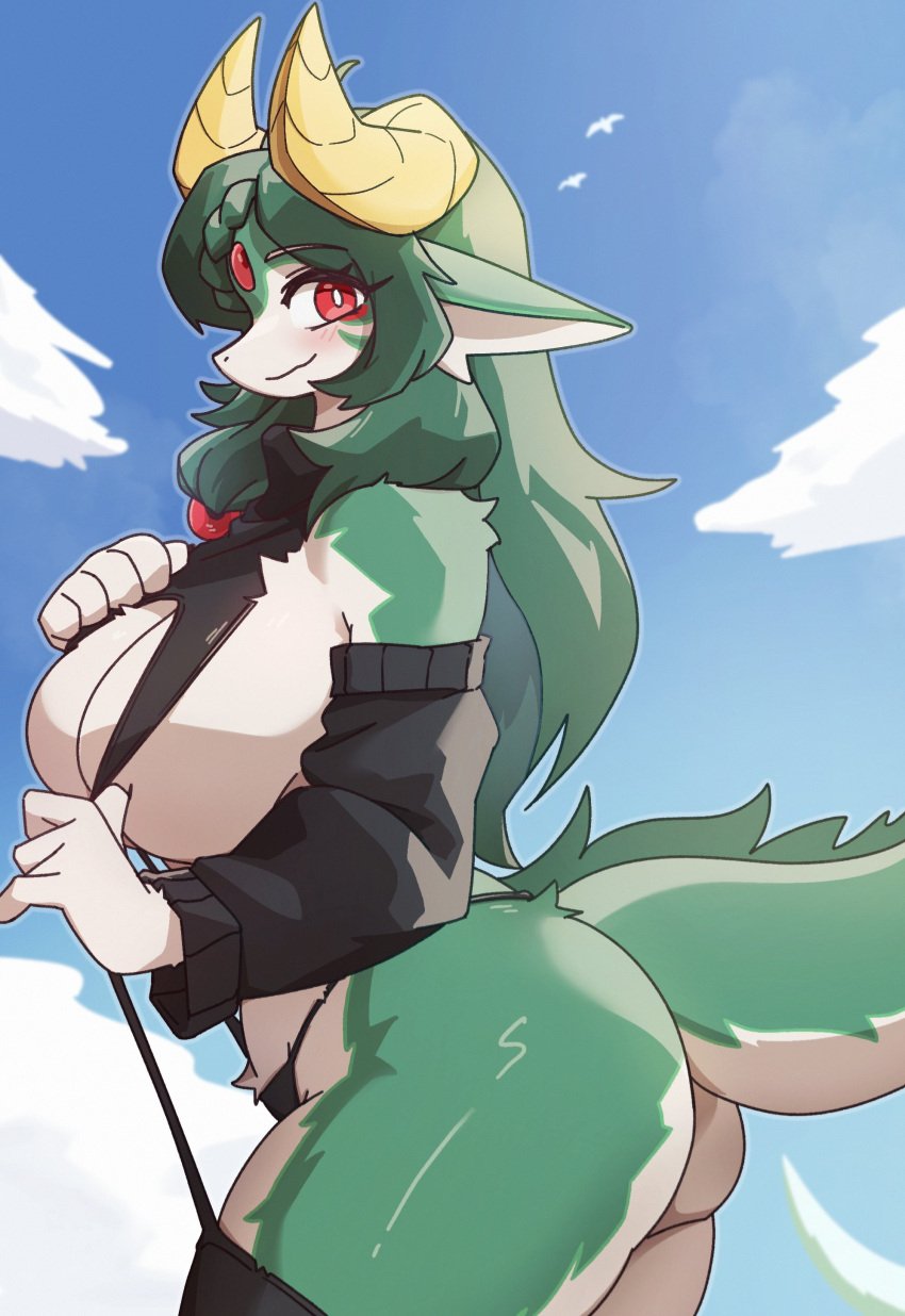 1girls 2024 anthro aruri's_mom_(whooo-ya) ass big_breasts countershading curved_horns dragon female female_only fur furred_dragon green_fur green_hair hi_res horns kloe_mone long_hair looking_at_viewer pointy_ears red_eyes side_view smiling smiling_at_viewer solo thick_ass thick_thighs very_high_resolution virgin_destroyer_sweater