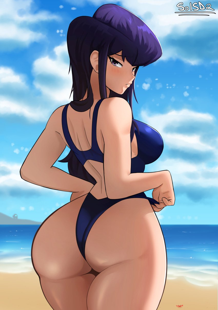 1girls amogus_reference ass ass_focus back back_view backboob big_ass big_breasts blue_swimsuit blush breasts bubble_ass bubble_butt dat_ass female female_only hair hips holy_shit huge_ass komi-san_wa_komyushou_desu komi_shouko long_hair looking_back one-piece_swimsuit purple_eyes purple_hair sideboob sol-sama_d2 solo solo_female swimsuit swimwear thick_thighs thighs when_you_see_it wide_hips