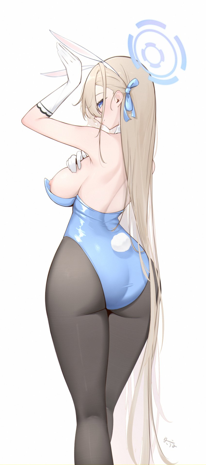 absurdres animal_ears arm_up arms_up ass asuna_(blue_archive) asuna_(bunny)_(blue_archive) asymmetrical_bangs back backless_leotard bare_shoulders big_breasts black_pantyhose blonde_hair blue_archive blue_eyes blue_halo blue_leotard blue_ribbon breasts closed_mouth dongye1551 fake_animal_ears fake_tail feet_out_of_frame female from_behind gloves hair_behind_ear hair_ribbon hairband halo hand_on_own_chest hand_up highleg highleg_leotard highres large_breasts leotard long_hair nipple_slip nipples pantyhose playboy_bunny rabbit_ears rabbit_pose rabbit_tail ribbon sidelocks simple_background solo standing straight_hair strapless strapless_leotard tail very_long_hair white_background white_gloves white_hairband wide_hips