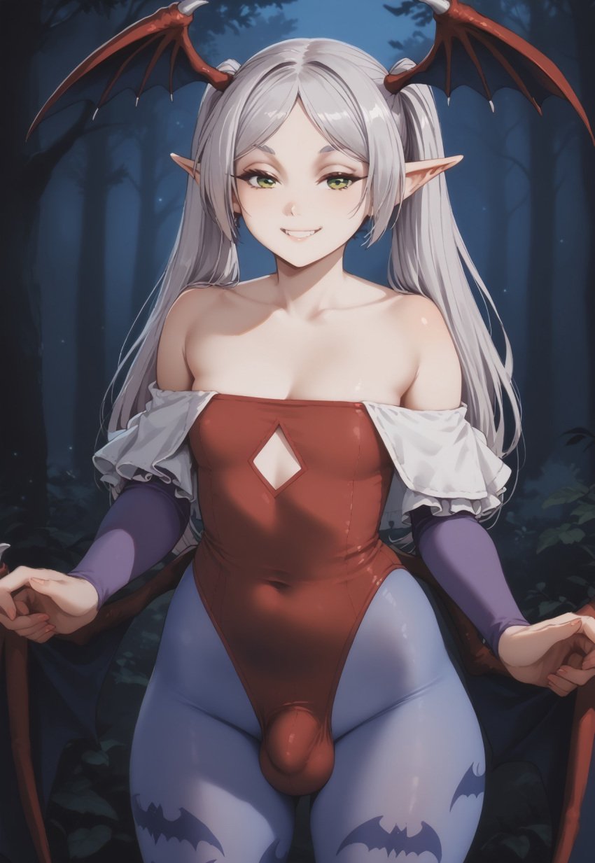 1futa ai_generated animal_print bat_print breasts bulge darkstalkers elf elf_futanari frieren frieren_beyond_journey&#039;s_end futa_only futanari green_eyes head_wings jouthechou lilith_(darkstalkers)_(cosplay) lilith_aensland_(cosplay) penis pointy_ears small_breasts sousou_no_frieren twintails white_hair wings