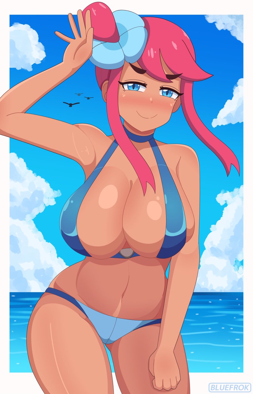 beach bikini blue_eyes bluefrok blush blush female female_only pokemon pokemon_bw ponytail red_hair skyla_(pokemon) tagme