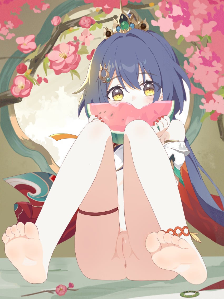 absurdres anus ass barefoot blue_hair blush bottomless cherry_blossoms chinese_clothes eating eyebrows_hidden_by_hair female food fruit full_body hair_between_eyes highres holding holding_food holding_fruit holding_watermelon honkai:_star_rail honkai_(series) long_hair looking_at_viewer mou_banlangen nail_polish pussy sitting soles solo thigh_strap toes watermelon watermelon_slice yellow_eyes yunli_(honkai:_star_rail)