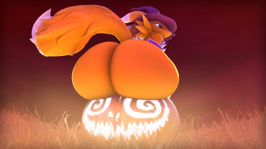 anthro ass bandai_namco big_butt blue_eyes clothing digimon digimon_(species) female grass hat headgear headwear hi_res huge_butt jack-o'-lantern looking_back not_person420 outside plant renamon sitting solo tail witch_hat