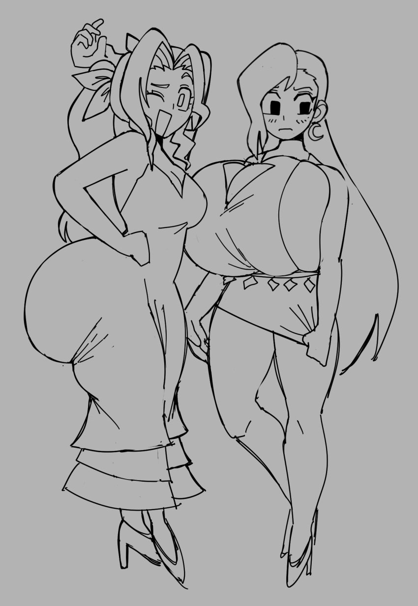 2girls aerith_gainsborough ass ass_vs_breasts big_ass big_breasts bottom_heavy breasts bubble_butt busty cleavage dat_ass dotodonoto dress ear_piercing earrings fat_ass female female_only final_fantasy_vii hand_on_hip huge_ass huge_breasts large_ass large_breasts looking_at_viewer massive_ass monochrome piercing thick_ass thick_thighs tifa_lockhart top_heavy wide_hips