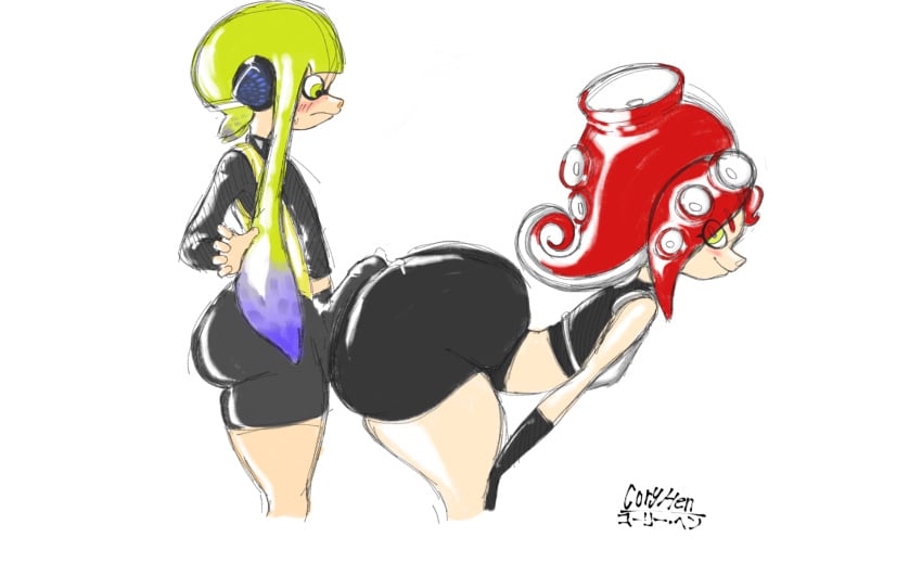 1girl1futa agent_3_(splatoon) artist_name ass_focus bending_forward bending_over bent_over big_ass big_bulge booty_shorts bulge bulge_through_clothing buttjob buttjob_over_clothes cephalopod cephalopod_humanoid clothed cock cock_on_butt colored coryhen_(artist) erection_under_clothes fat_ass female flustered futa_on_female futanari green_hair headphones huge_ass huge_bulge inkling inkling_futa inkling_girl octarian octoling octoling_girl octoling_rival octopus penis_on_ass precum red_hair rendered self_upload shorts splatoon squid suction_cup teasing tentacle tentacle_hair