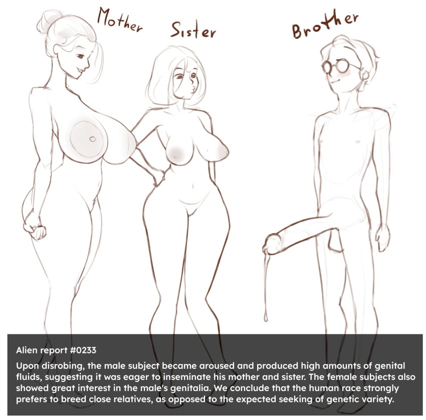 1boy alien_abduction baldgaben biting_lip blush brother brother_and_sister experiment large_breasts mother mother_and_son nude precum precum_drip sister sketch text