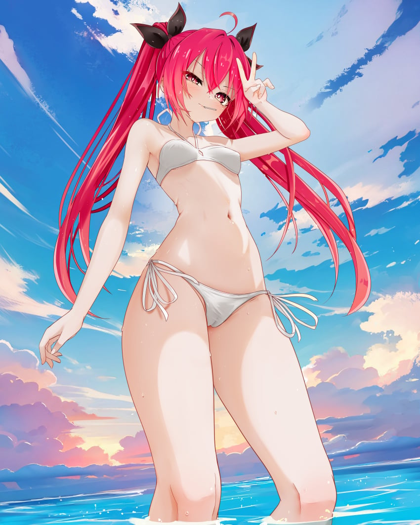 1girls 2d 2d_(artwork) ass bikini breasts date_a_live itsuka_kotori light-skinned_female long_hair red_eyes ribbon sea sky small_breasts solo solo_female thighs twintails