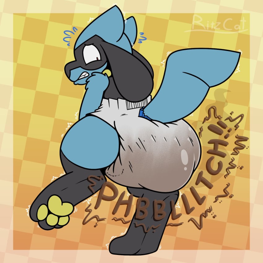 anthro diaper diaperfur embarrassed furry messing messy_diaper pokémon_(species) pokemon pokemon_(species) riolu ritzcat scat