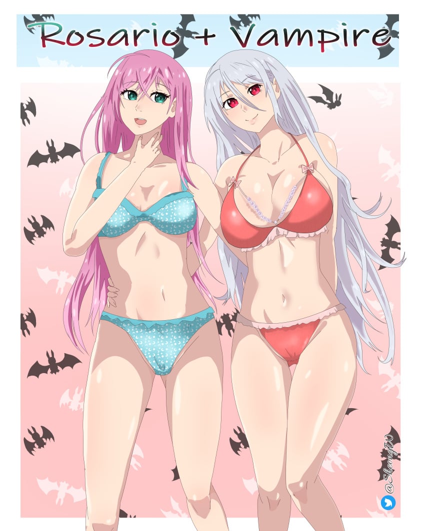 2girls akashiya_moka big_breasts female green_eyes long_hair moeka moka pink_hair platinum_blonde_hair red_eyes rosario+vampire rosario+vampire_capu2 sheong_wong swimsuit uramoka vampire vampire_girl