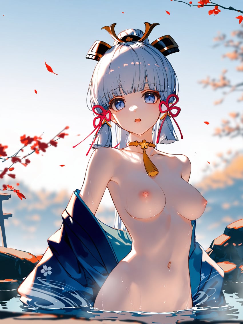 absurd_res aesthetic ai_generated blurry_background breasts female genshin_impact hair_ornament kamisato_ayaka kimono light_sky looking_at_viewer ministro onsen open_mouth partially_undressed shine solo tiny_nipples upper_body