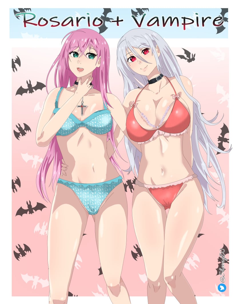 2girls akashiya_moka big_breasts female green_eyes long_hair moeka moka pink_hair platinum_blonde_hair red_eyes rosario+vampire rosario+vampire_capu2 sheong_wong swimsuit uramoka vampire vampire_girl