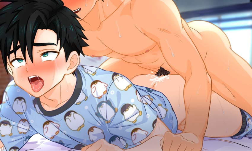 2boys anal aqua_eyes ass avan_geiserford black_hair blurry blurry_background clip_studio_paint_(medium) clothes_pull collarbone completely_nude eyes_out_of_frame hair_between_eyes highres jock_studio_(blits_games) lightbunnyart male_focus male_pubic_hair multiple_boys nakajima_yuuto nipples nude open_mouth pajamas pants pants_pull pectorals penguin_print pubic_hair saliva sex short_hair teeth toned toned_male tongue tongue_out yaoi