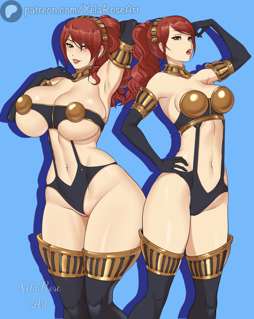 1girls alternate_breast_size arm_behind_head armwear atlus big_breasts bikini_armor breasts cameltoe cleavage female female_only gloves hair hand_behind_head hand_on_hip headwear hips huge_breasts legwear lips medium_breasts mitsuru_kirijo neckwear persona persona_3 red_eyes red_gloves red_hair skimpy skimpy_armor skimpy_clothes solo solo_female thick_thighs thighs wide_hips xelaroseart