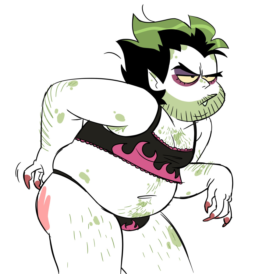 beetlebitties3 beetlejuice beetlejuice_(character) fat_man green_hair green_skin male male_only panties sharp_teeth sports_bra tank_top