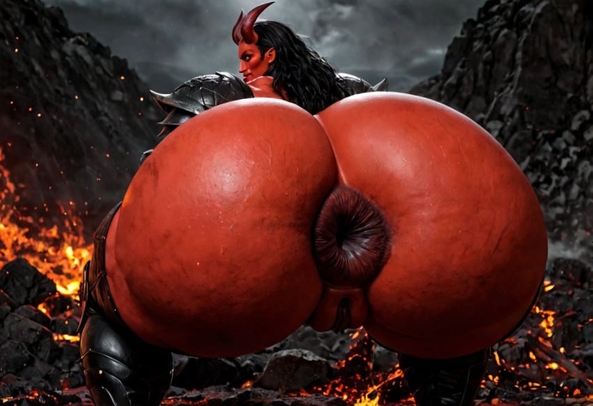 ai_generated anus anus big_anus black_hair demon_girl horns huge_anus huge_ass presenting_anus puckered_anus puckered_butthole pussy red_anus red_pussy red_skin volcanic_setting