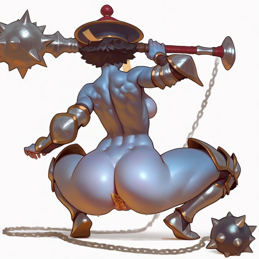 1girls 2024 ai_assisted armor ass back_boob ball_and_chain black_hair blue_skin bracers chinese_clothes crouching darkstalkers greaves hat hi_res holding_weapon hsien_ko jiangshi medium_breasts ofuda ofuda_on_pussy pussy qingdai_guanmao short_hair solo spiked_club sweat toned toned_female wheel_of_fortune_(director) white_background