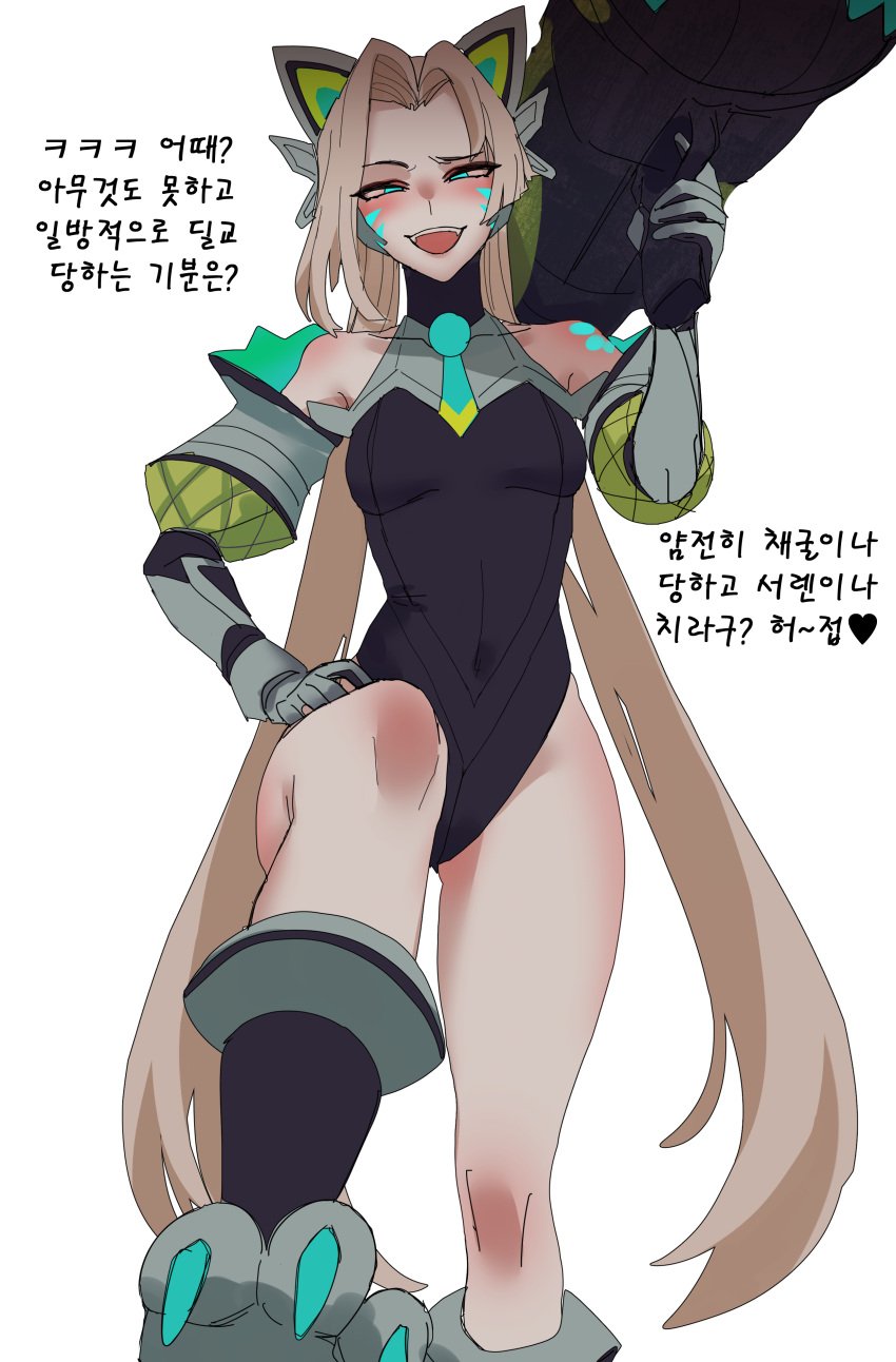 anima_squad_series battle_cat_jinx belly_button belly_button_visible_through_clothing blonde_hair blue_eyes blush breasts cat_ears cat_paws catgirl compact_body gloves hips jinx_(league_of_legends) korean_text league_of_legends leotard long_hair navel navel_visible_through_clothes riot_games thighs translated twintails very_long_hair weapon