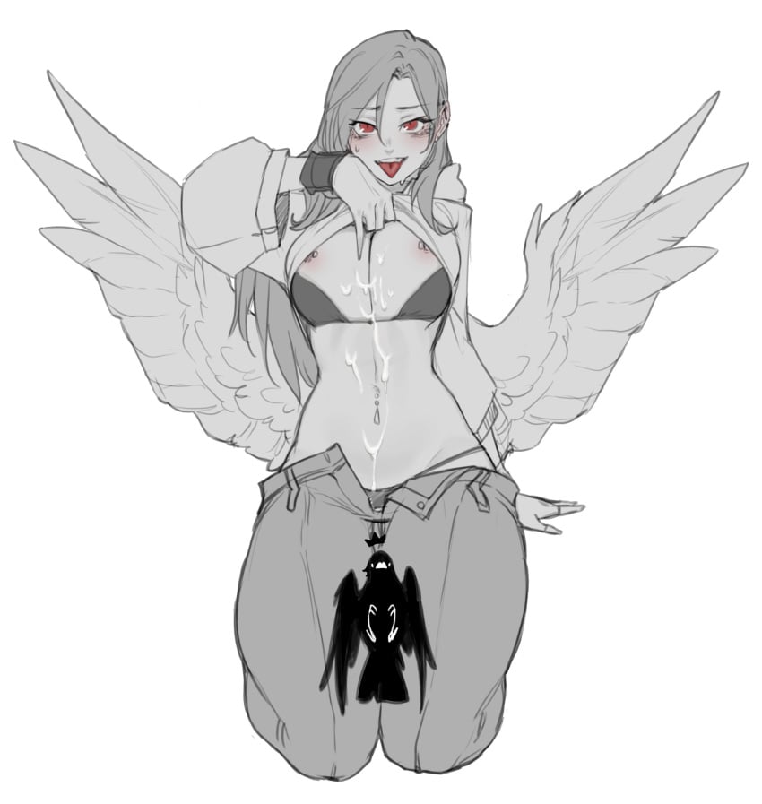 1girls angel angel_wings areolae hoodie hoodie_lift looking_at_viewer nipples red_eyes seductive_smile serena_(goldnightangel) sketch smile smug solo standing teeth tongue tongue_out topwear topwear_lift virtual_youtuber wings