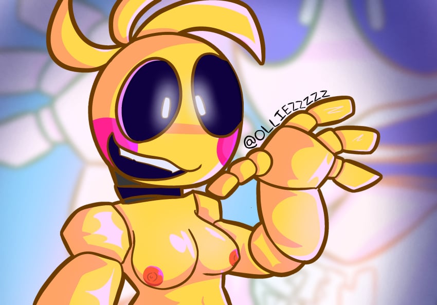 1girls 2d 2d_(artwork) black_eyes blush bot breasts breasts_out chica_(fnaf) digital_drawing_(artwork) digital_media_(artwork) female female_focus female_only five_nights_at_freddy's fnaf fnaf_2 image naked naked_female nipples no_bra nude nude_female olliezzzzz_(artist) robot robot_girl robotic self_upload smile topless_female toy_chica toy_chica_(fnaf) white_pupils yellow_body