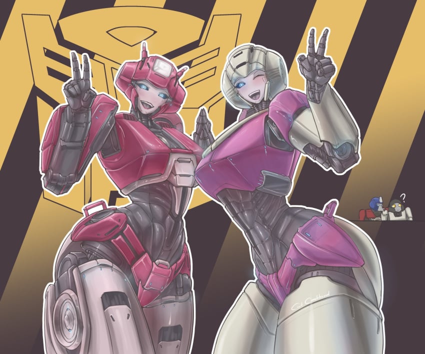 2girls arcee cervilcerkhead elita_one peace_sign robot_girl transformers transformers_one wink winking_at_viewer