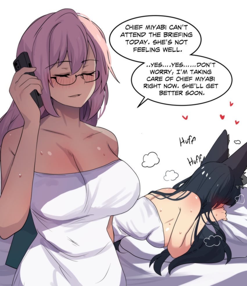 2girls absurdres animal_ears bare_arms bare_shoulders big_breasts black_hair breasts cellphone closed_eyes dialogue dress english_text fox_ears glasses heart heavy_breathing highres hinghoi holding holding_phone hoshimi_miyabi large_breasts long_hair lying multiple_girls on_stomach open_mouth phone pink_hair simple_background smartphone speech_bubble strapless strapless_dress sweat talking_to_another text tsukishiro_yanagi upper_body very_long_hair white_background white_dress yuri zenless_zone_zero