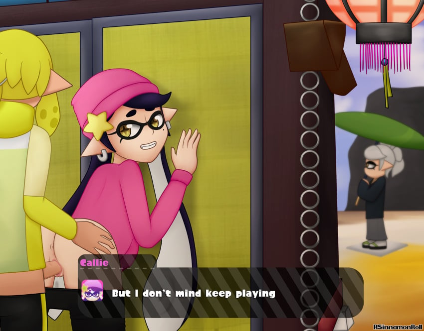 1boy 2girls against_wall agent_1_(splatoon) agent_4_(splatoon) anus artist_name ass callie_(casual) callie_(splatoon) clothed clothing digital_media_(artwork) earrings eyelashes female female_focus from_behind from_behind_position hat highres inkling inkling_boy inkling_girl kimono looking_back male male_agent_4_(splatoon) marie_(octo_canyon) marie_(splatoon) mole mole_under_eye nintendo outdoors outside pants pants_down penis pointy_ears pussy rsinnamonroll sandals sex sharp_teeth splatoon splatoon_2 splatoon_2:_octo_canyon squid_sisters straight sweater tentacle_hair text text_box tongue umbrella vagina vest