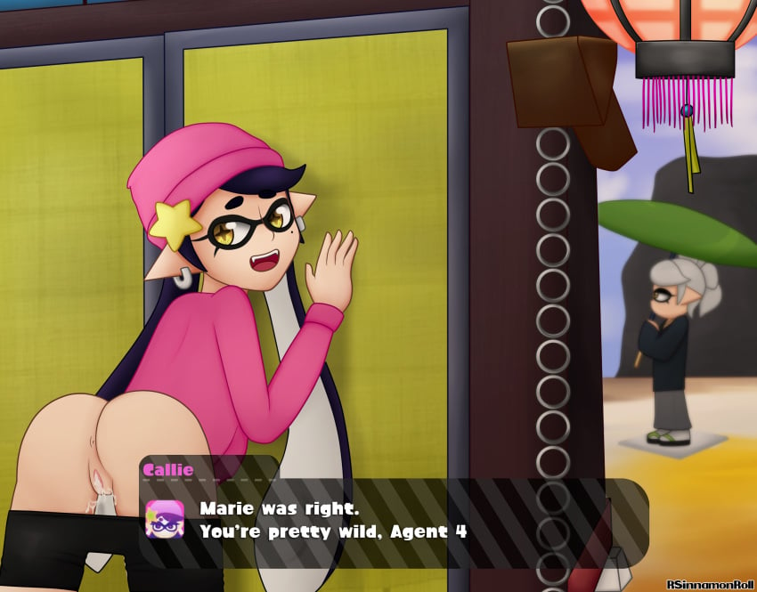 2girls after_sex against_wall agent_1_(splatoon) anus artist_name ass callie_(casual) callie_(splatoon) clothed clothing cum cum_in_pussy cum_inside digital_media_(artwork) earrings eyelashes female female_focus female_only hat highres kimono looking_back marie_(octo_canyon) marie_(splatoon) mole mole_under_eye multiple_girls nintendo open_mouth outdoors outside pants pants_down pointy_ears pussy rsinnamonroll sandals sharp_teeth smooth_skin splatoon splatoon_2 splatoon_2:_octo_canyon squid_sisters sweater tentacle_hair text text_box tongue umbrella vagina