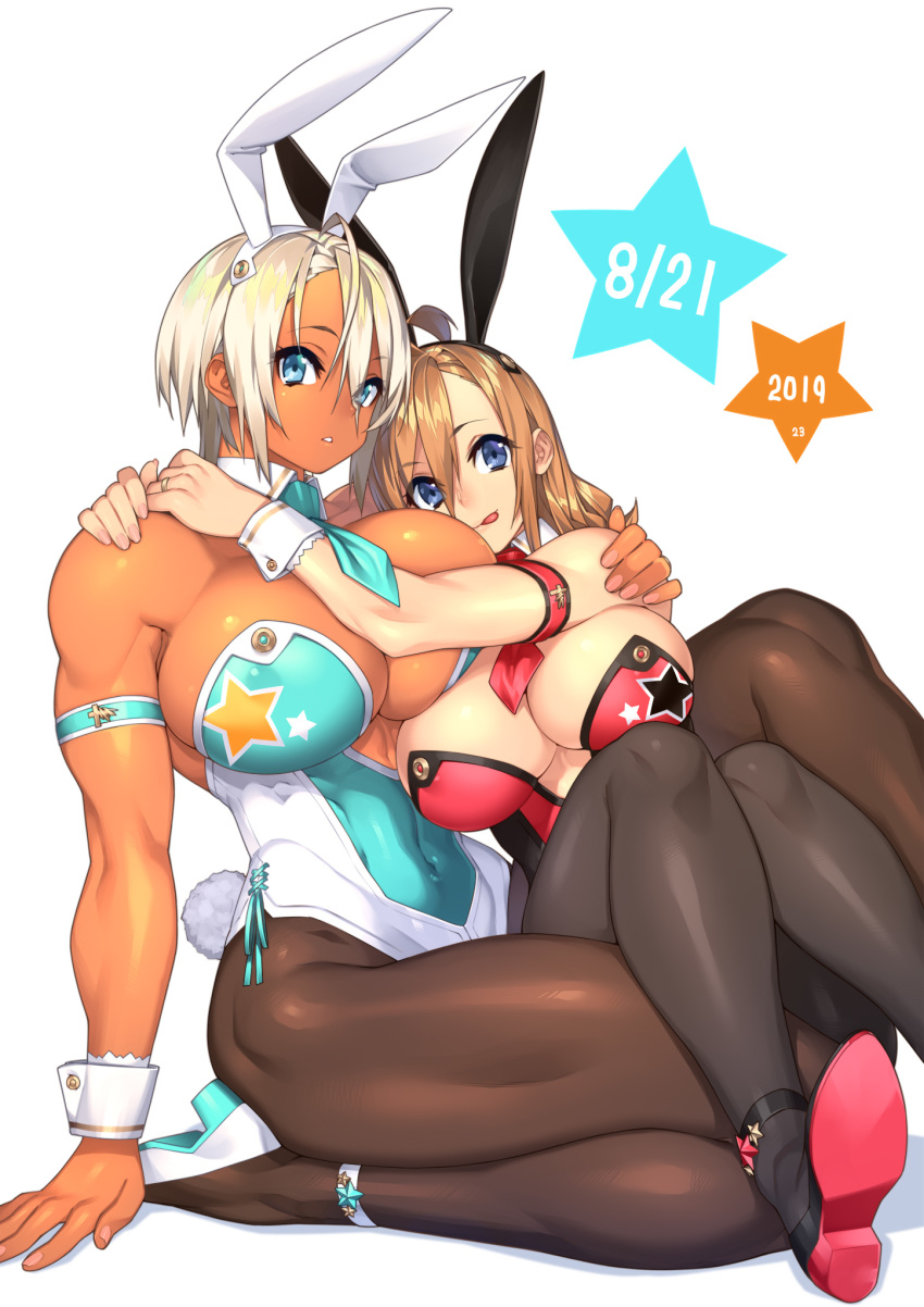 2019 2girls abs big_breasts breasts bunny_day bunny_ears bunny_girl bunnysuit cleavage dark-skinned_female dark_skin female female_only high_heels huge_breasts large_breasts looking_at_viewer muscular_female original pantyhose sela_(sela_god) sela_god sitting sitting_on_lap sitting_on_person tongue_out ursula_(sela_god) wedding_ring wife_and_wife yuri