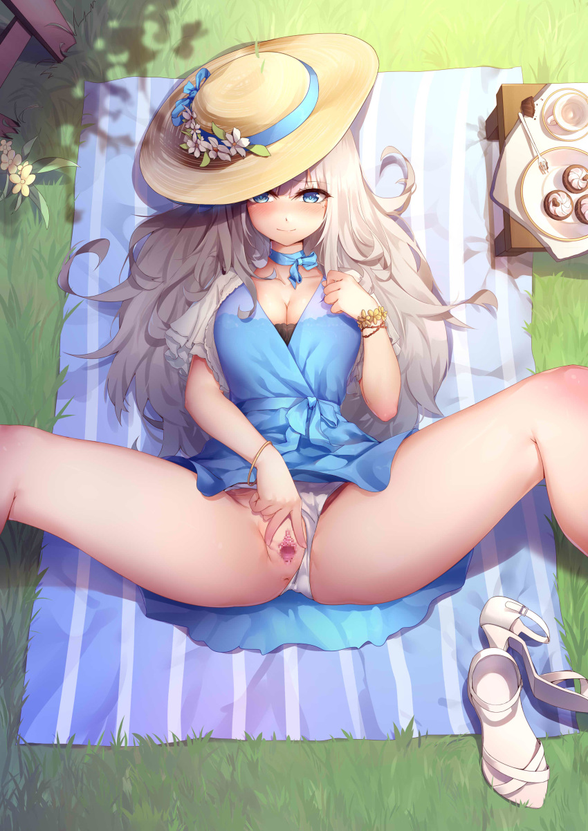 1girls absurdres barefoot blonde_hair blue_dress blue_eyes blush bracelet breasts censored cleavage day dress female from_above hair_ornament hat high_heels highres jewelry large_breasts lexington_(warship_girls_r) long_hair looking_at_viewer lying mosaic_censoring on_back open_toe_shoes outdoors panties panties_aside pussy ray_(pixiv9514208) shoes_removed smile solo spread_legs straw_hat underwear very_long_hair warship_girls_r white_footwear