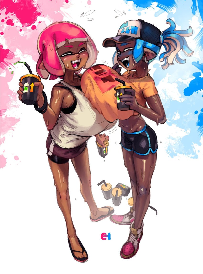 2019 2girls animal_humanoid anthro asymmetrical_docking baseball_cap belly_button big_breasts bike_shorts blue_hair blush bodily_fluids bottomwear bracelet breast_expansion breast_press breast_to_breast breasts busty canines cephalopod cephalopod_humanoid cleavage closed_eyes clothed clothing crop_top cup dark-skinned_female dark_skin docking drink eigaka energy_drink fangs female female_only footwear full_body hair happy hat headgear headwear hi_res high-angle_view hoodie huge_breasts humanoid hyper_breasts inkling inkling_girl knees laughing legs long_ears marine marine_humanoid mask mask_(marking) medium_hair mollusk mollusk_humanoid navel nintendo off_shoulder orange_shirt pink_hair pointy_ears ponytail pseudo_hair red_hair sandals short_ears short_ponytail short_sleeves shorts simple_background small_but_busty small_ears smile smiling sneakers solo splatoon squid straw surume_(splatoon) sweat sweater sweating tank_top tanned_skin teeth tentacle tentacle_hair tied_hair topwear two_tone_hair video_games