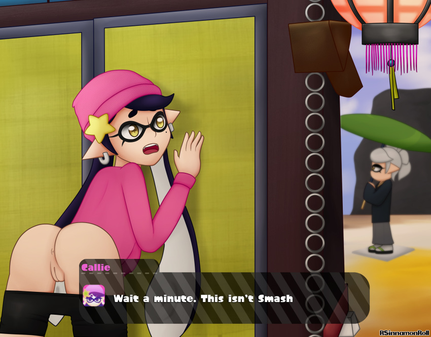 2girls against_wall agent_1_(splatoon) anus artist_name ass callie_(casual) callie_(splatoon) clothed clothing digital_media_(artwork) earrings eyelashes female female_focus female_only hat highres kimono marie_(octo_canyon) marie_(splatoon) mole mole_under_eye multiple_girls nintendo open_mouth outdoors outside pants pants_down pointy_ears pussy rsinnamonroll sandals sharp_teeth smooth_skin splatoon splatoon_2 splatoon_2:_octo_canyon squid_sisters sweater tentacle_hair text text_box tongue umbrella vagina