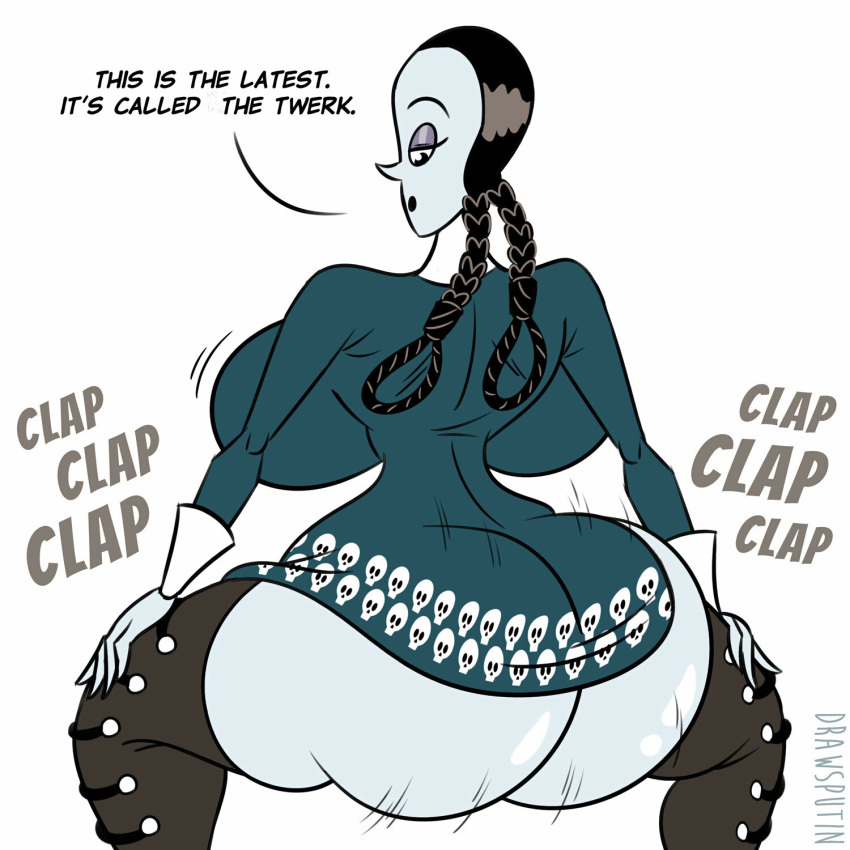 1girls ass ass_clap ass_shake black_hair bouncing_ass bouncing_breasts breasts clapping_cheeks drawsputin dress female grey_skin huge_ass huge_breasts motion_lines noose text the_addams_family twerking wednesday_addams