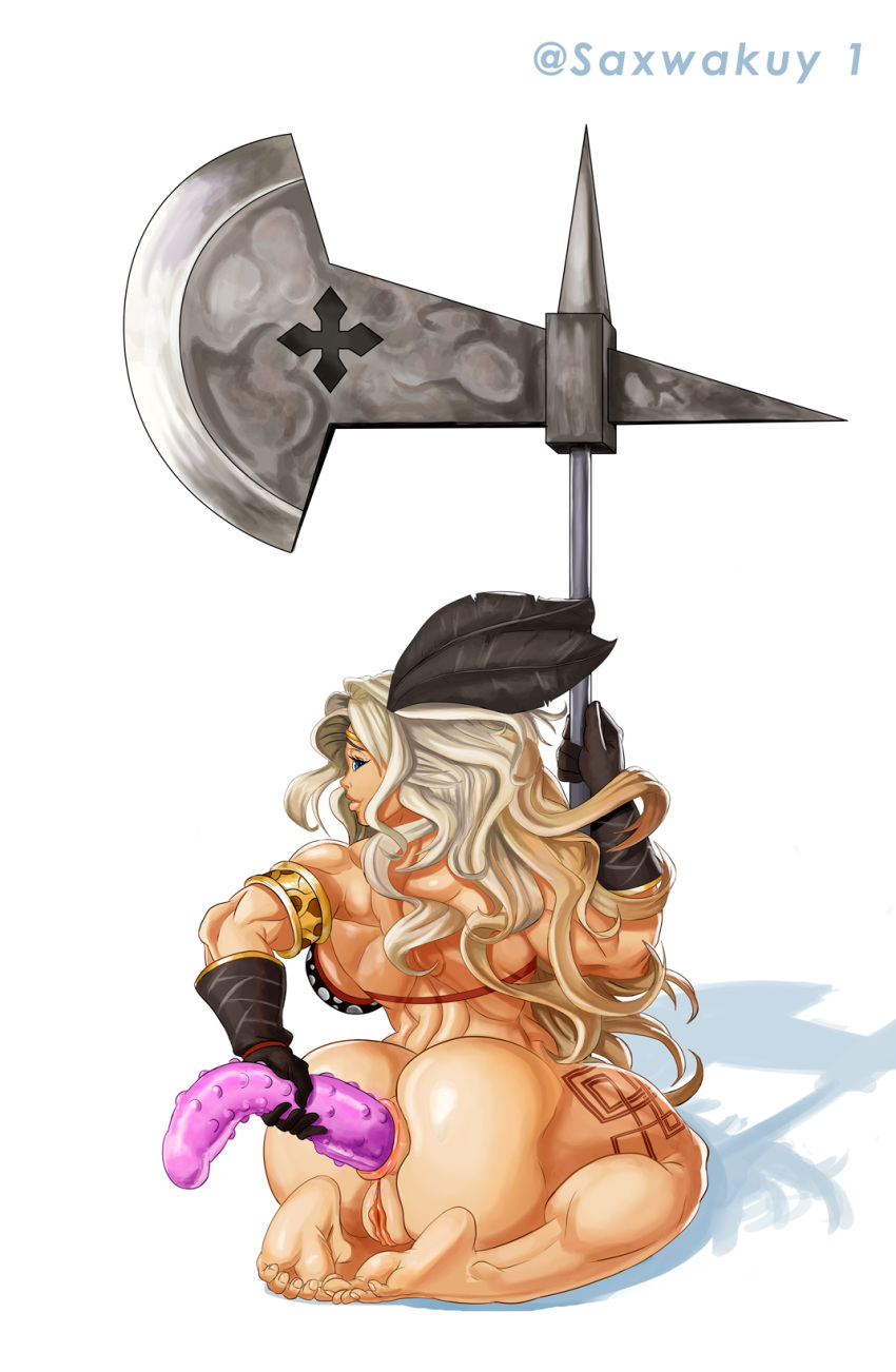 1girls amazon_(dragon's_crown) anal anal_grip anal_lips anal_penetration anus ass back_muscles backboob bangs barefoot bottom_lip breasts dildo dragon's_crown fat_mons feet female female_only hair_ornament long_hair looking_at_viewer looking_back masturbation muscles muscular muscular_female pale-skinned_female pale_skin penetration pussy saxwakuy silver_hair small_ass soles solo tattoos thick_hips thick_thighs toes two_tone_hair wide_hips