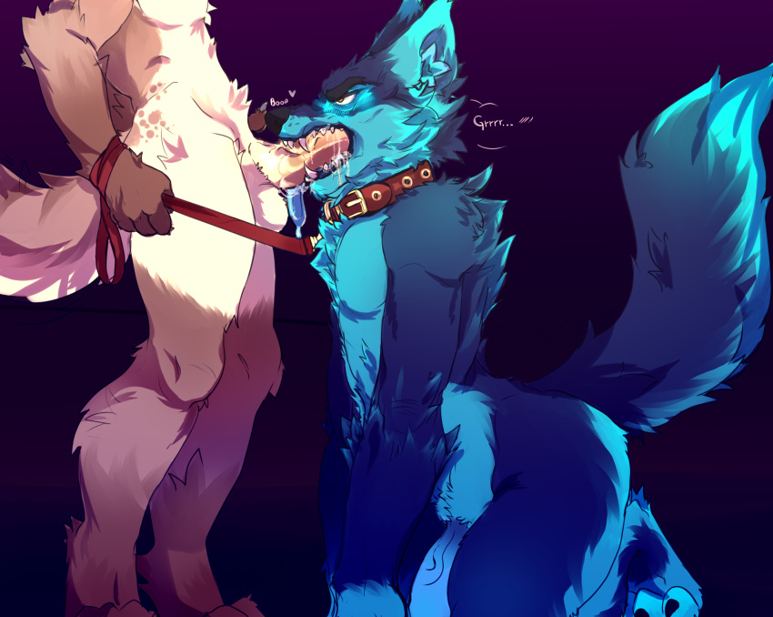 2019 5_fingers all_fours anthro balls blue_fur blush bodily_fluids canid canine canis claws collar digital_media_(artwork) domestic_dog duo erection fellatio fingers fur heart hi_res humanoid_penis kneeling leash line_art male male/male mammal nude oliver_(infoxicated) on_ground oral pastoral_dog penile penis riptide ryukoeffect saliva sex standing tan_fur teeth tongue tongue_out wolf yellow_eyes