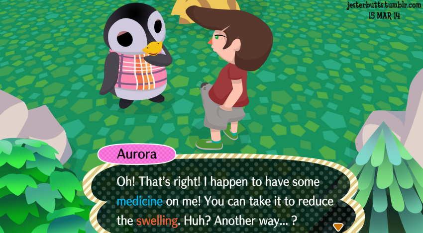 animal_crossing aurora_(animal_crossing) beak black_eyes black_feathers blargsnarf bodily_fluids brown_hair english_text erection feathers female genital_fluids green_eyes hair human leaf male mammal nintendo precum rock text tree video_games villager_(animal_crossing) white_feathers