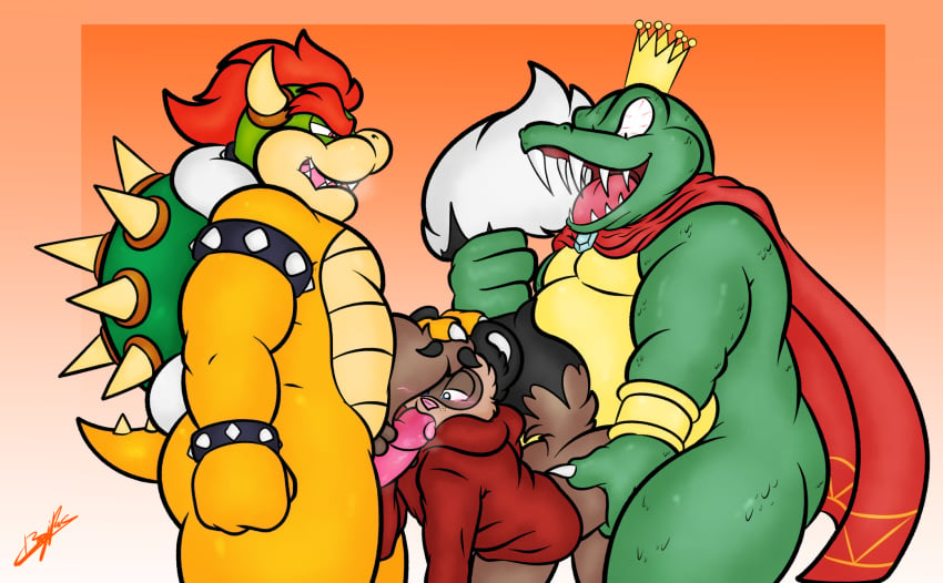 2019 anal anal_sex anthro bara benji benjipaws blush bowser cape clothing crocodile crocodilian crocodylid crossover crown domestic_ferret donkey_kong_(series) fellatio from_behind_(disambiguation) furry group group_sex hi_res hoodie humanoid_penis interspecies jewelry k_rool koopa licking male male_only male_penetrated mammal mario_(series) mustela mustelid musteline nintendo oral penetration penile penis petting reptile scalie sex slightly_chubby spikes spitroast threesome tongue tongue_out topwear turtle video_games